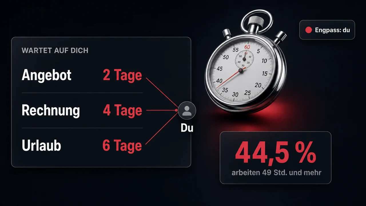 Eine Stoppuhr neben der Liste „Wartet auf dich“: Angebot 2 Tage, Rechnung 4 Tage, Urlaub 6 Tage — alle drei Linien laufen auf eine einzige Person zu, beschriftet mit „Du“. Daneben: 44,5 Prozent arbeiten 49 Stunden und mehr